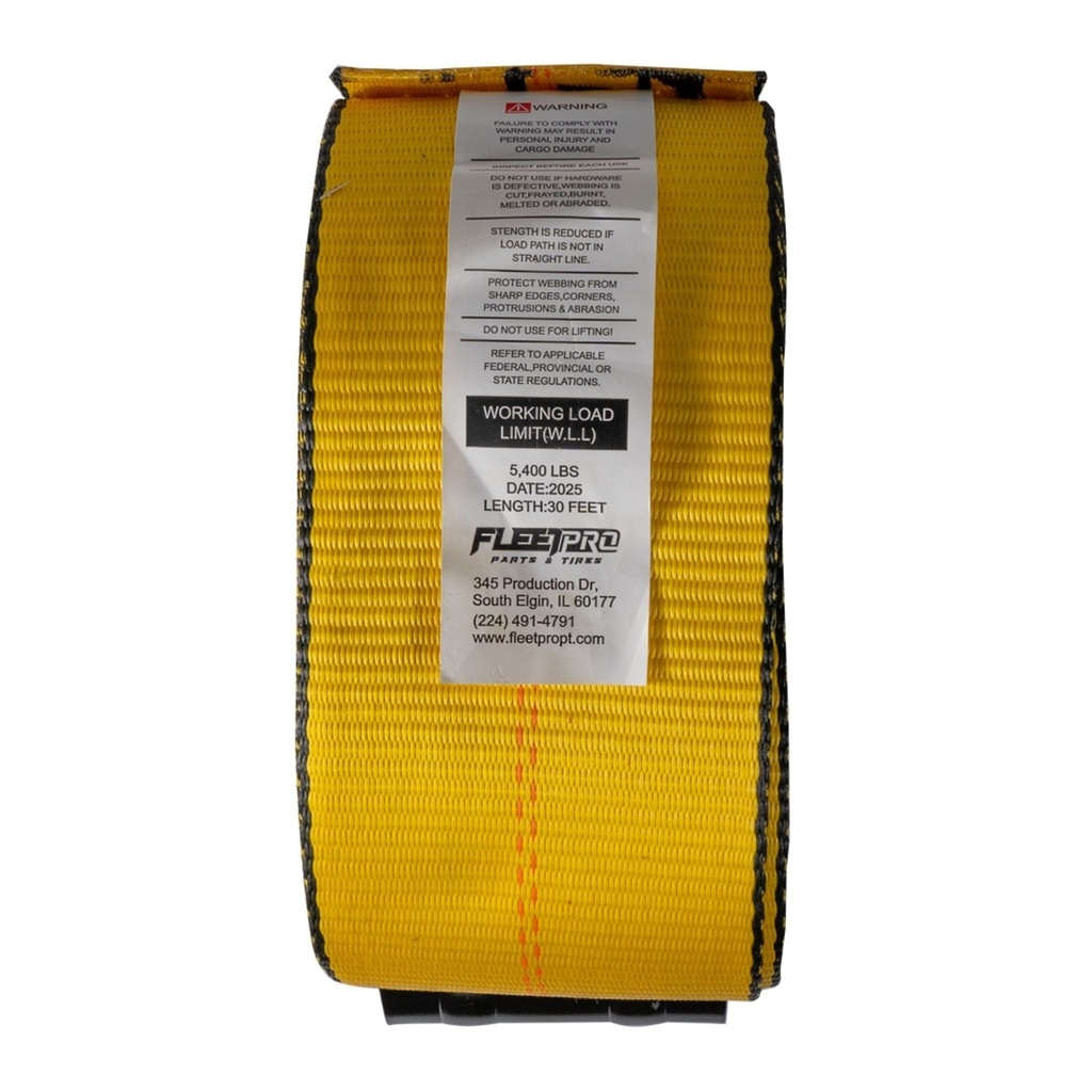 Winch Strap (4" x 30') with Flat Hook – Heavy-Duty Yellow Webbing – 5,400 lb WLL – DOT Approved