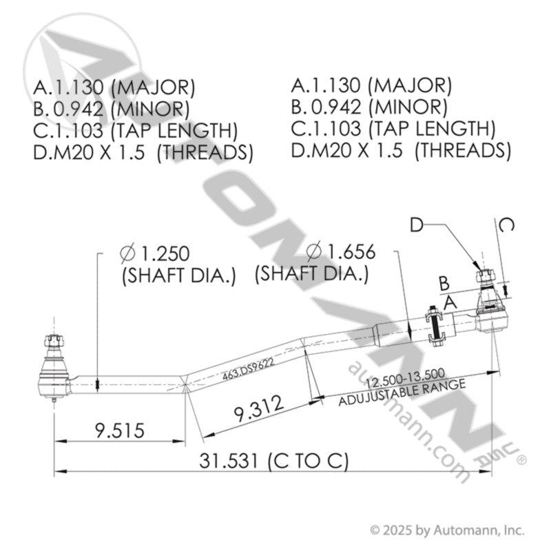 Drag Link Volvo Heavy Duty - 33.000" Center-to-Center 85128559 463.DS9622