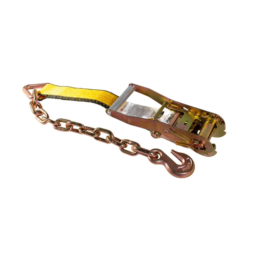 Ratchet Strap (2" x 30') with Chain Anchor – Heavy-Duty Yellow Webbing – 3,333 lb WLL