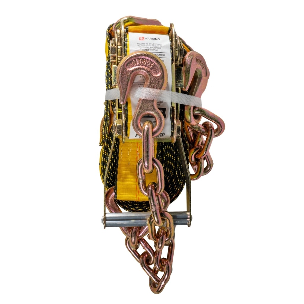 Ratchet Strap (2" x 30') with Chain Anchor – Heavy-Duty Yellow Webbing – 3,333 lb WLL