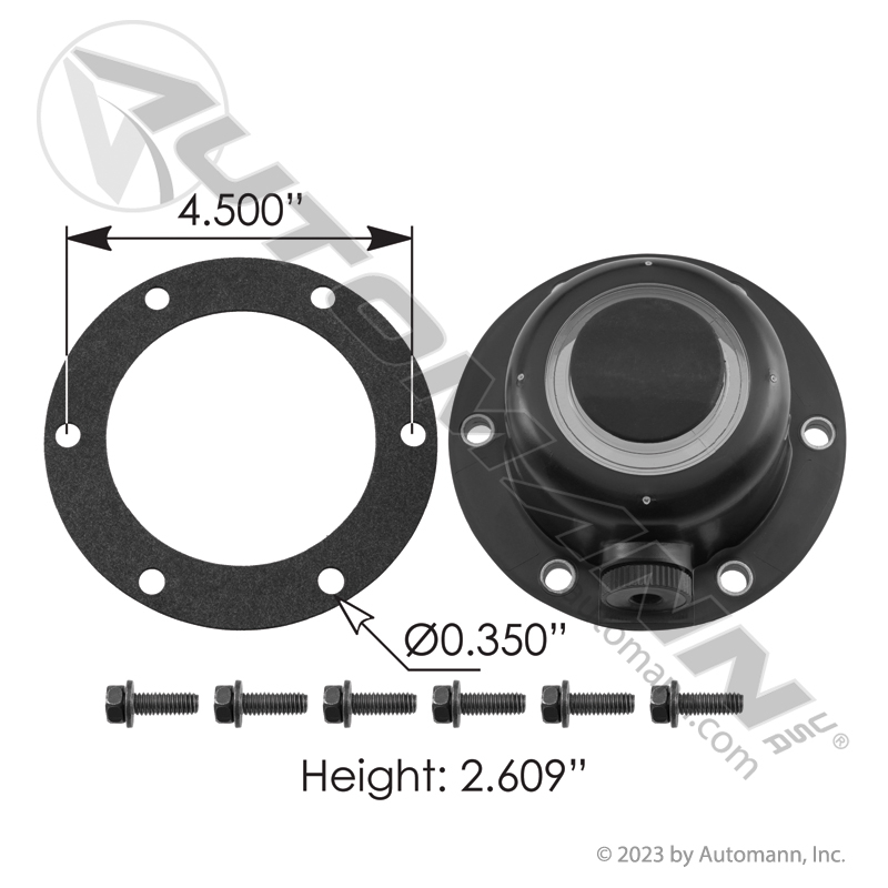 [180.CR1612-C40] Hub Cap Steer/Drive Axle 6-Bolt 4-1/2in BC, Zytel, Oil Fill